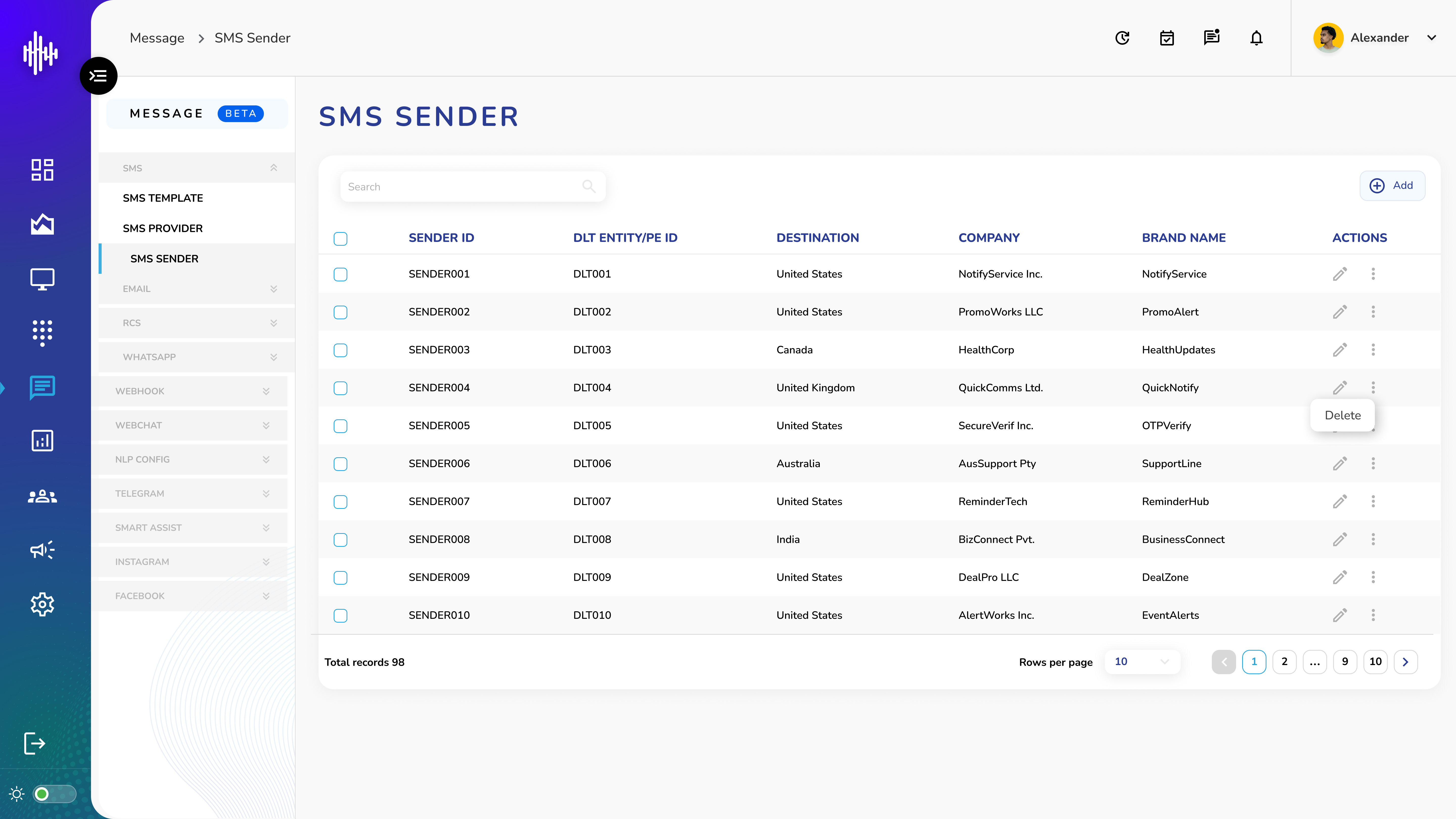 SMS Sender - Listing Screen